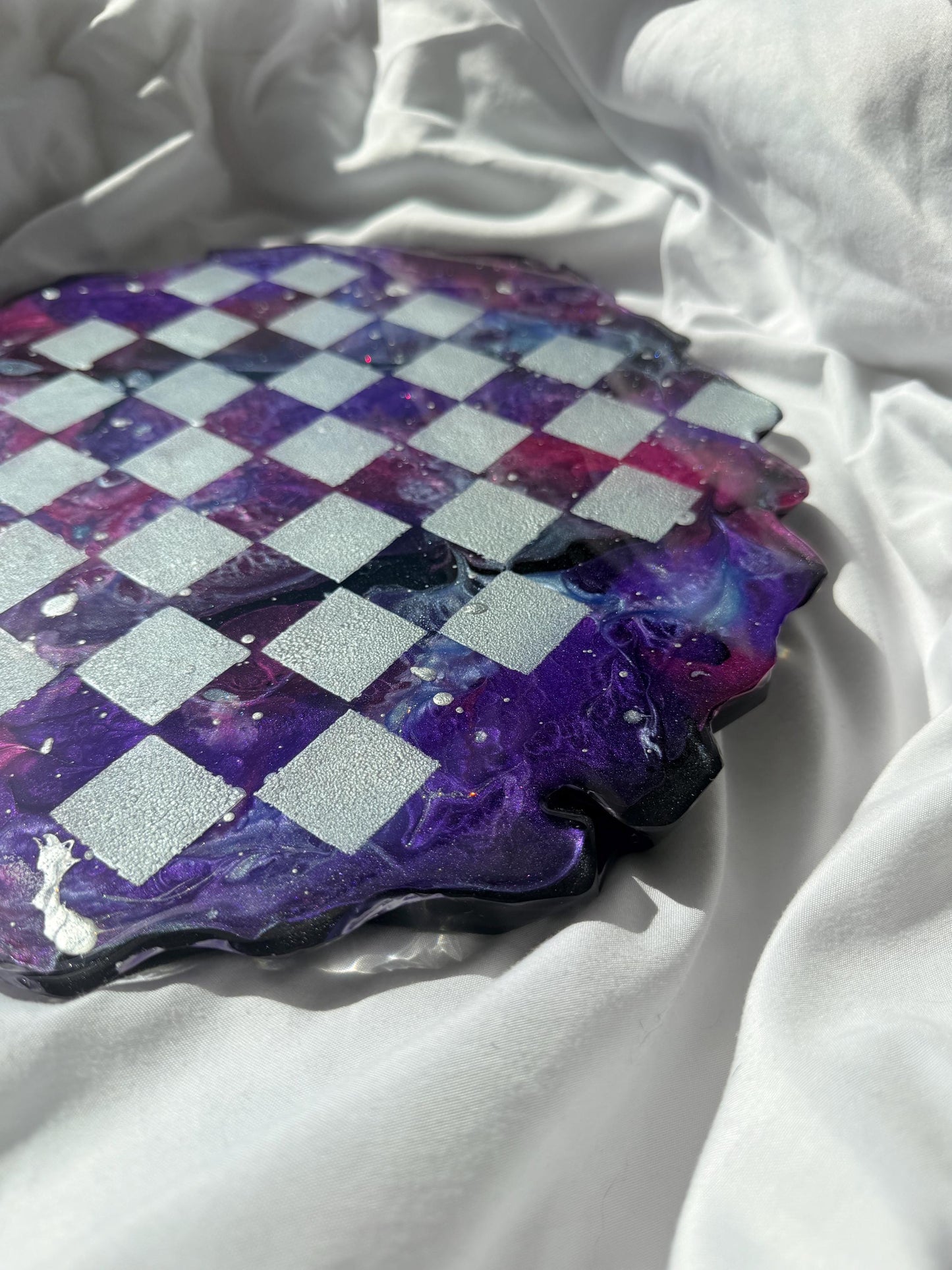 Custom Unique Galaxy/Nebula Theme Resin Chess Set | 14" Round Wavy Board, Glass-Effect Pieces