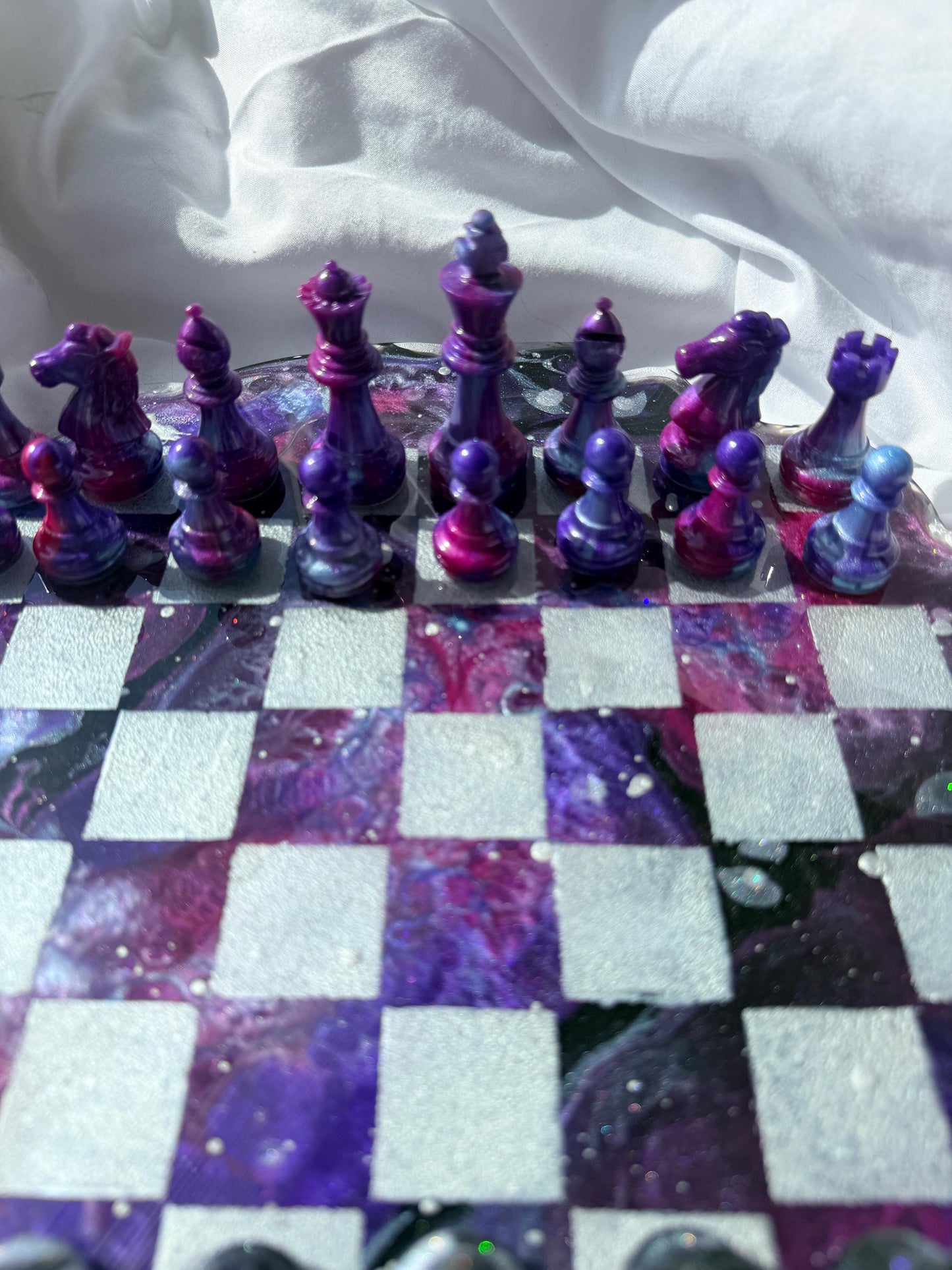 Custom Unique Galaxy/Nebula Theme Resin Chess Set | 14" Round Wavy Board, Glass-Effect Pieces