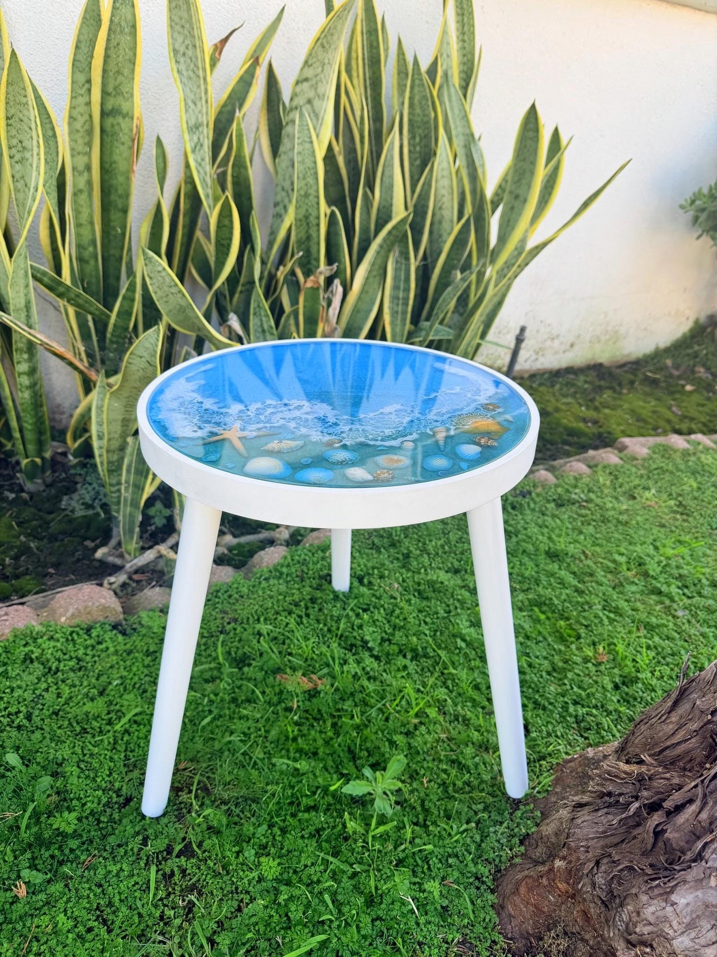 Handmade Resin Side Table with Real Seashells: Coastal Decor
