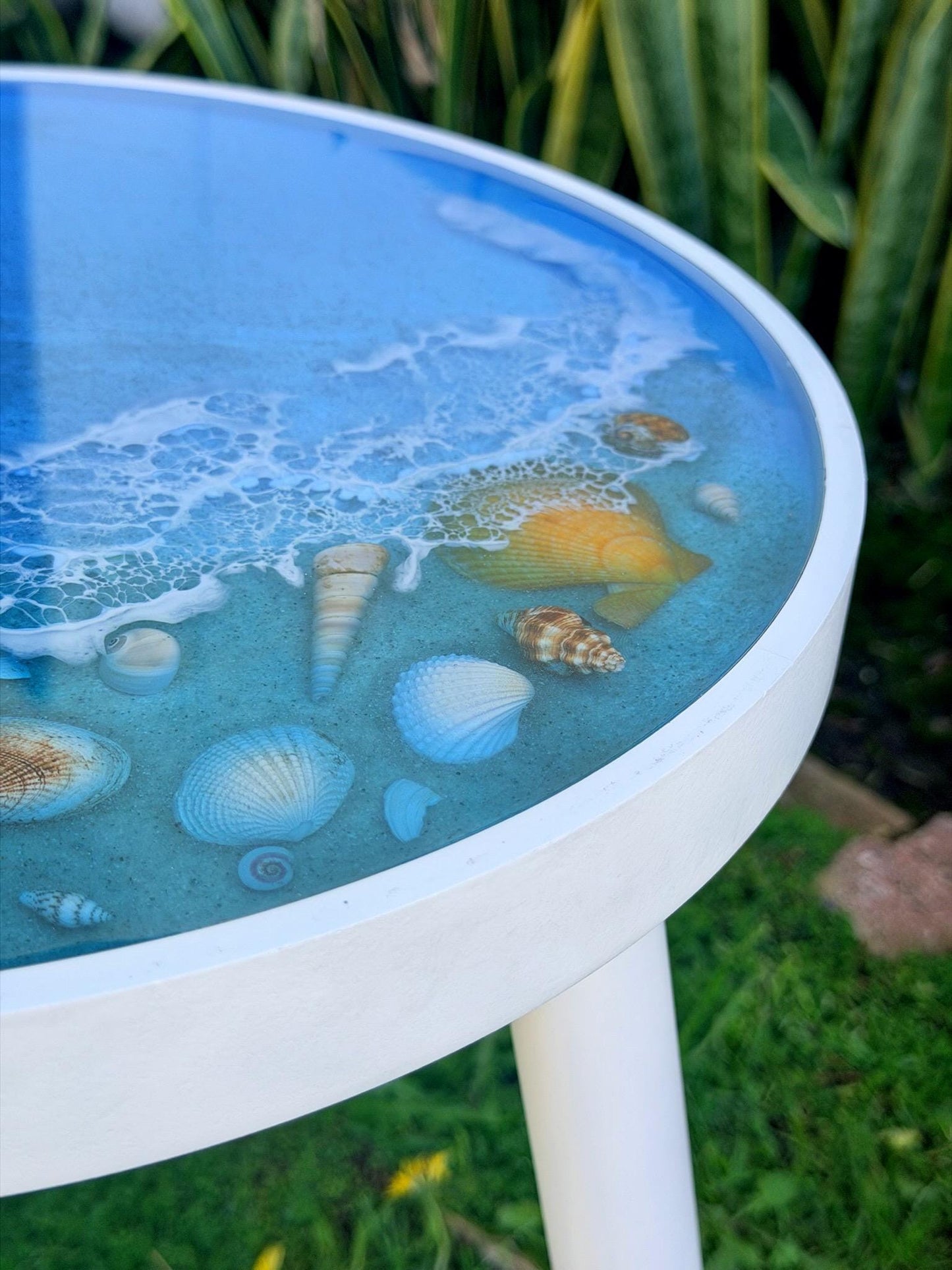 Handmade Resin Side Table with Real Seashells: Coastal Decor