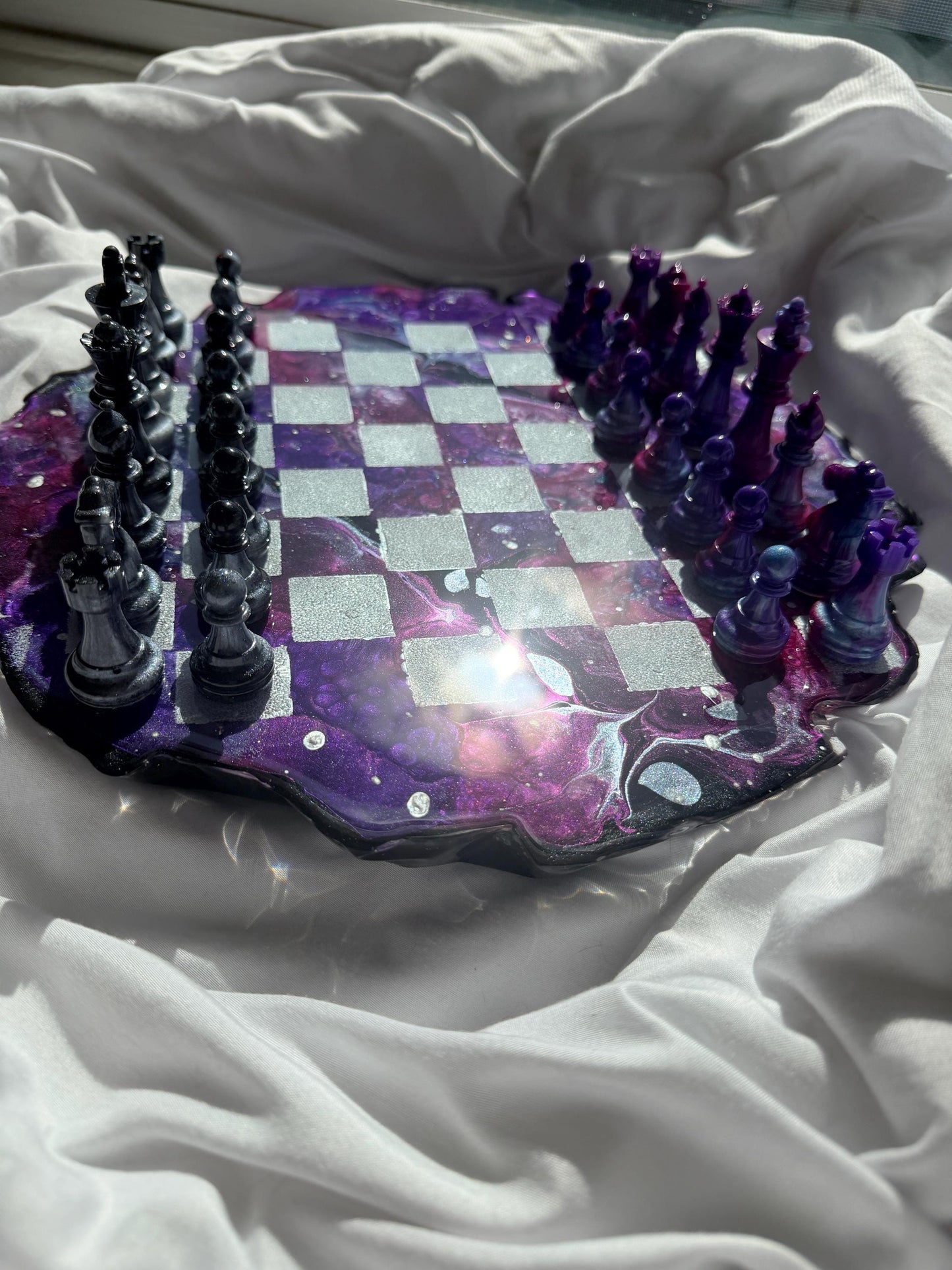 Custom Unique Galaxy/Nebula Theme Resin Chess Set | 14" Round Wavy Board, Glass-Effect Pieces