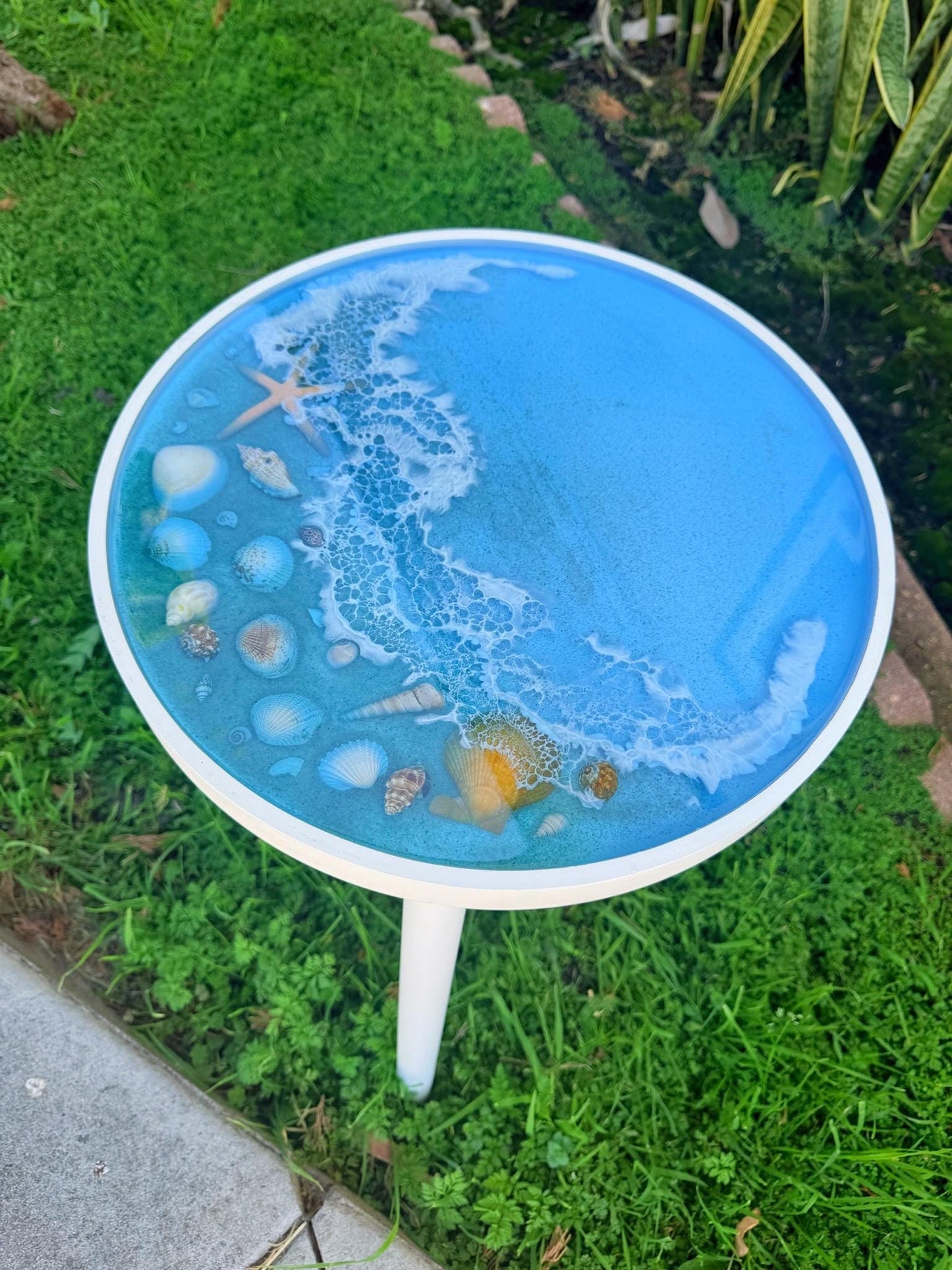 Handmade Resin Side Table with Real Seashells: Coastal Decor