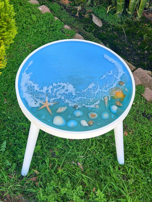 Handmade Resin Side Table with Real Seashells: Coastal Decor