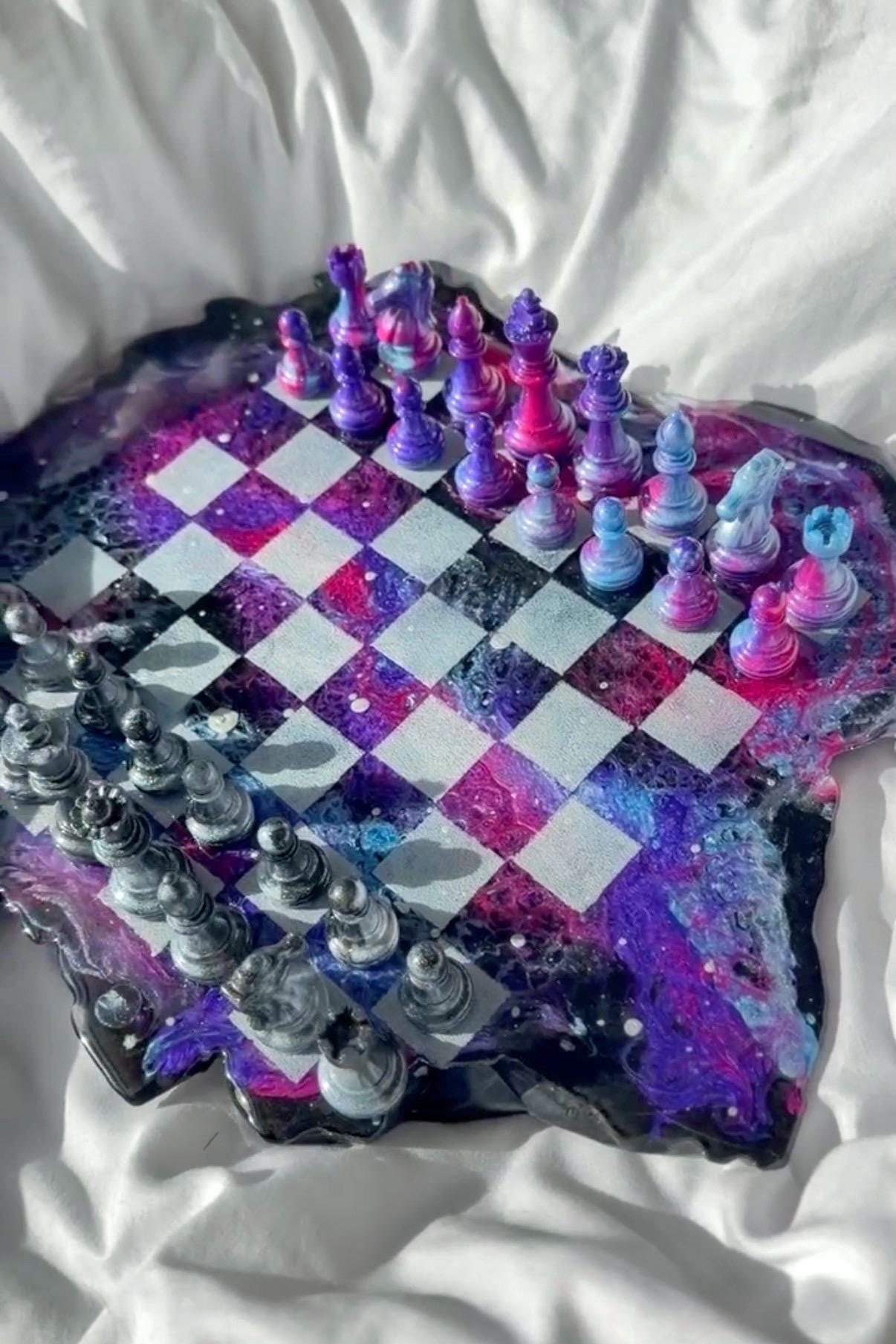 Custom Unique Resin Chess Set | 14" Round Wavy Board, Glass-Effect Pieces