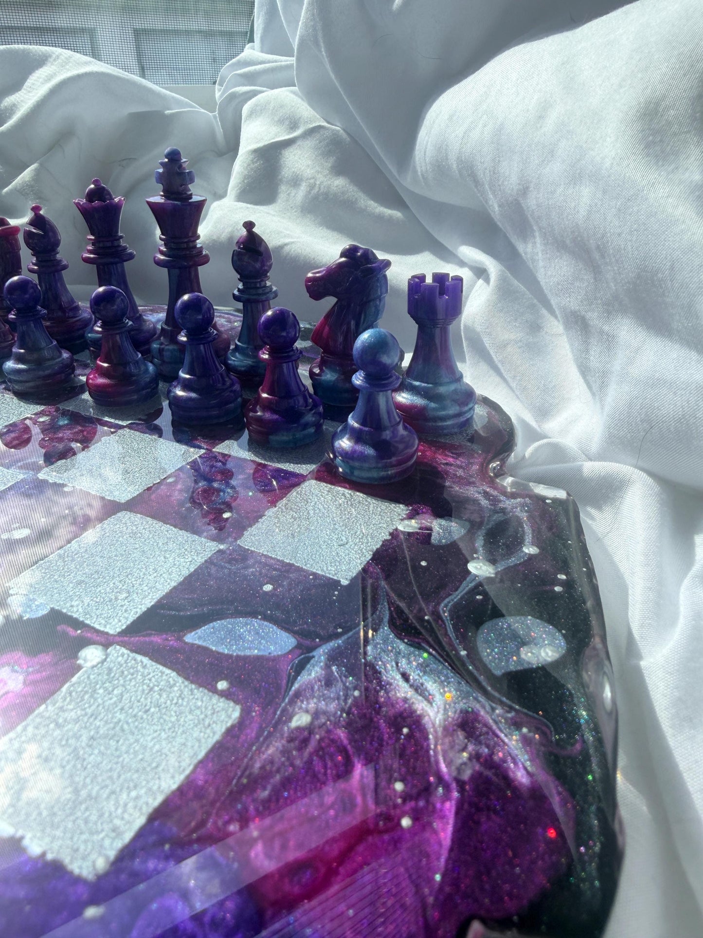 Custom Unique Galaxy/Nebula Theme Resin Chess Set | 14" Round Wavy Board, Glass-Effect Pieces
