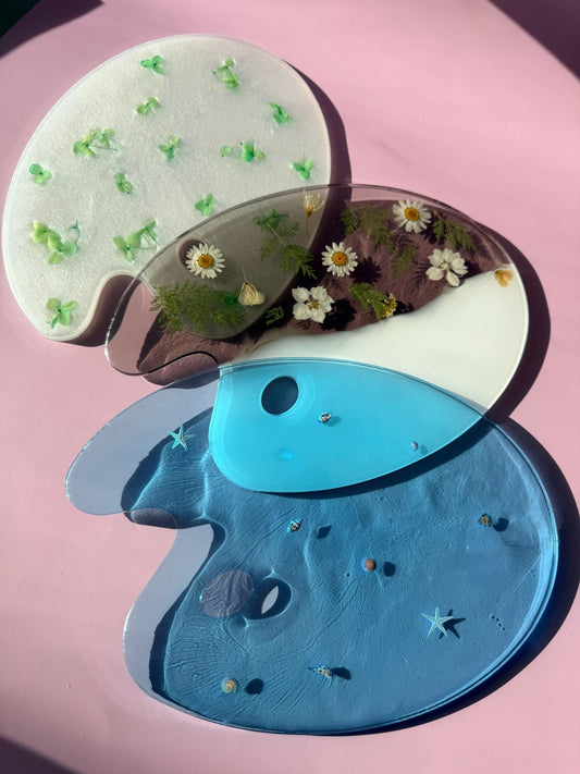 Custom Resin Paint Palette with Pressed Flowers & Seashells: Unique Artist Gift
