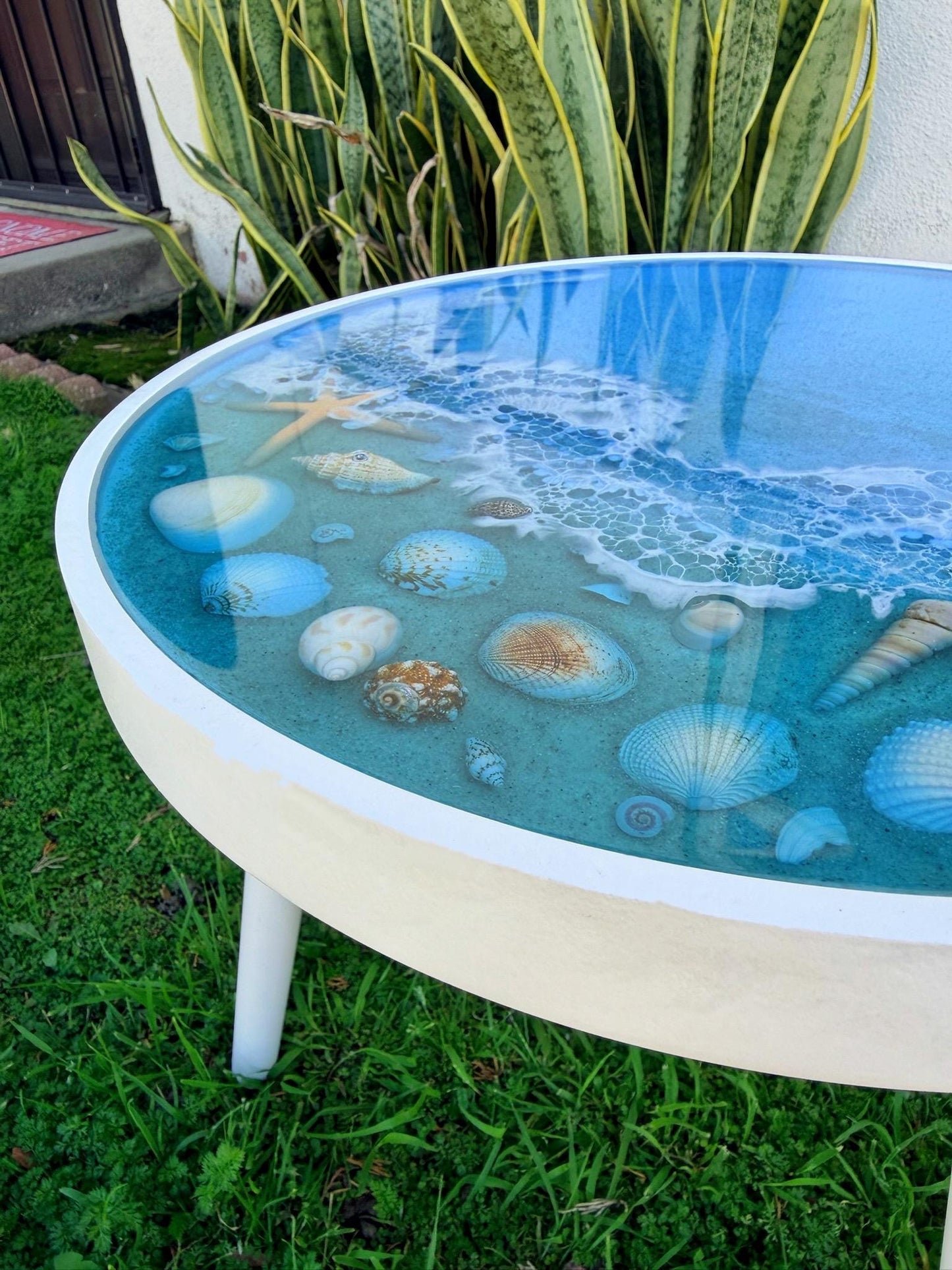 Handmade Resin Side Table with Real Seashells: Coastal Decor