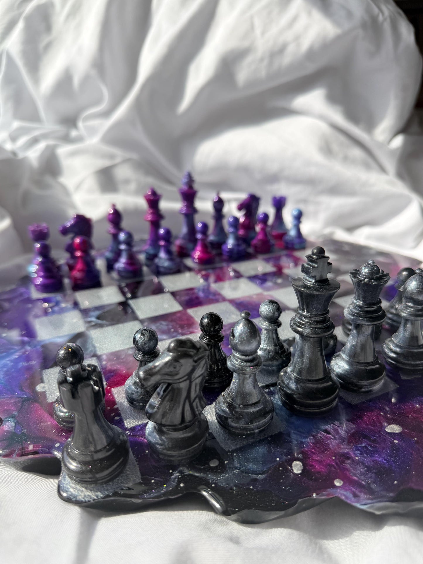 Custom Unique Galaxy/Nebula Theme Resin Chess Set | 14" Round Wavy Board, Glass-Effect Pieces