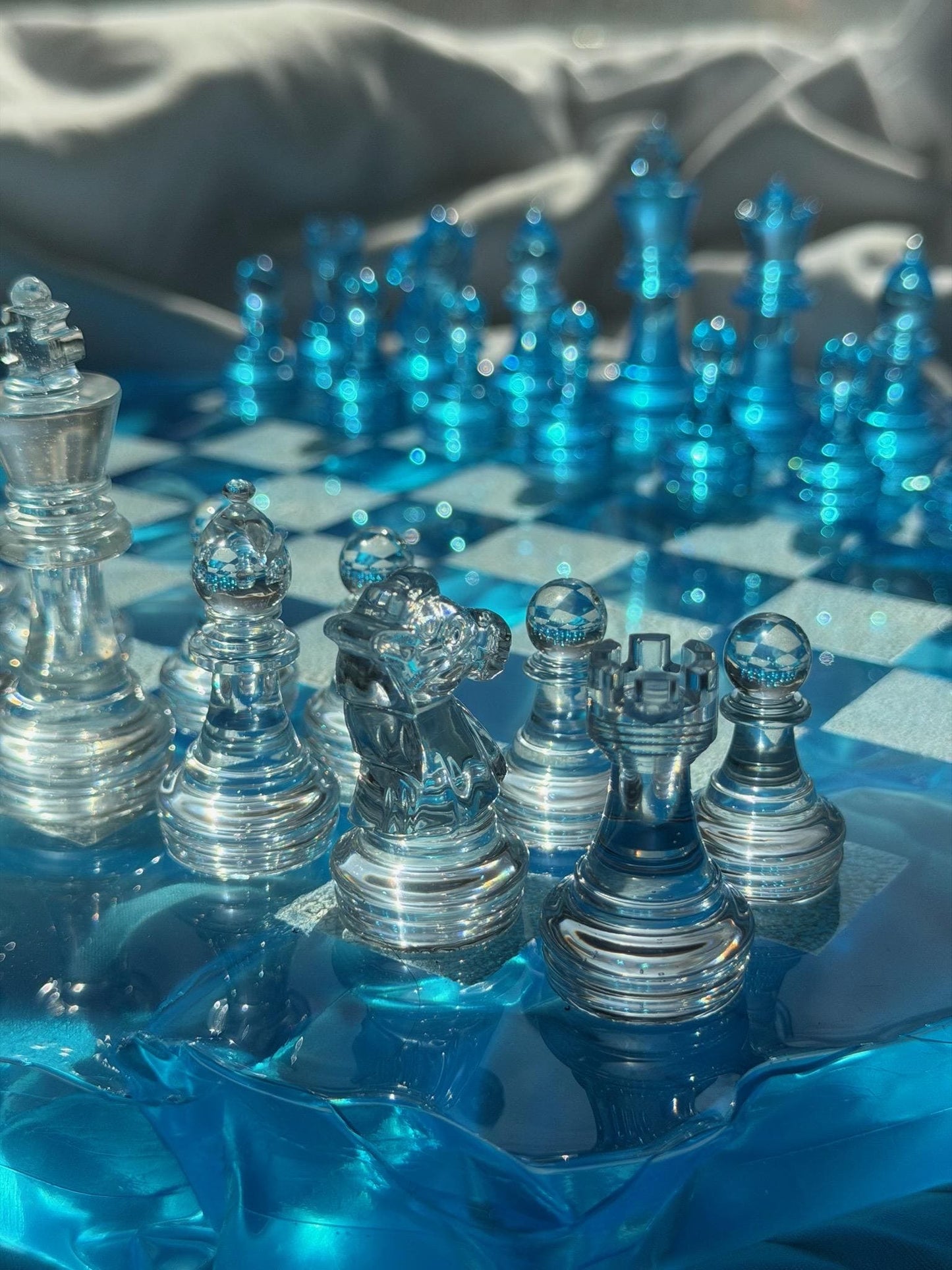 Custom Unique Resin Chess Set | 14" Round Wavy Board, Glass-Effect Pieces