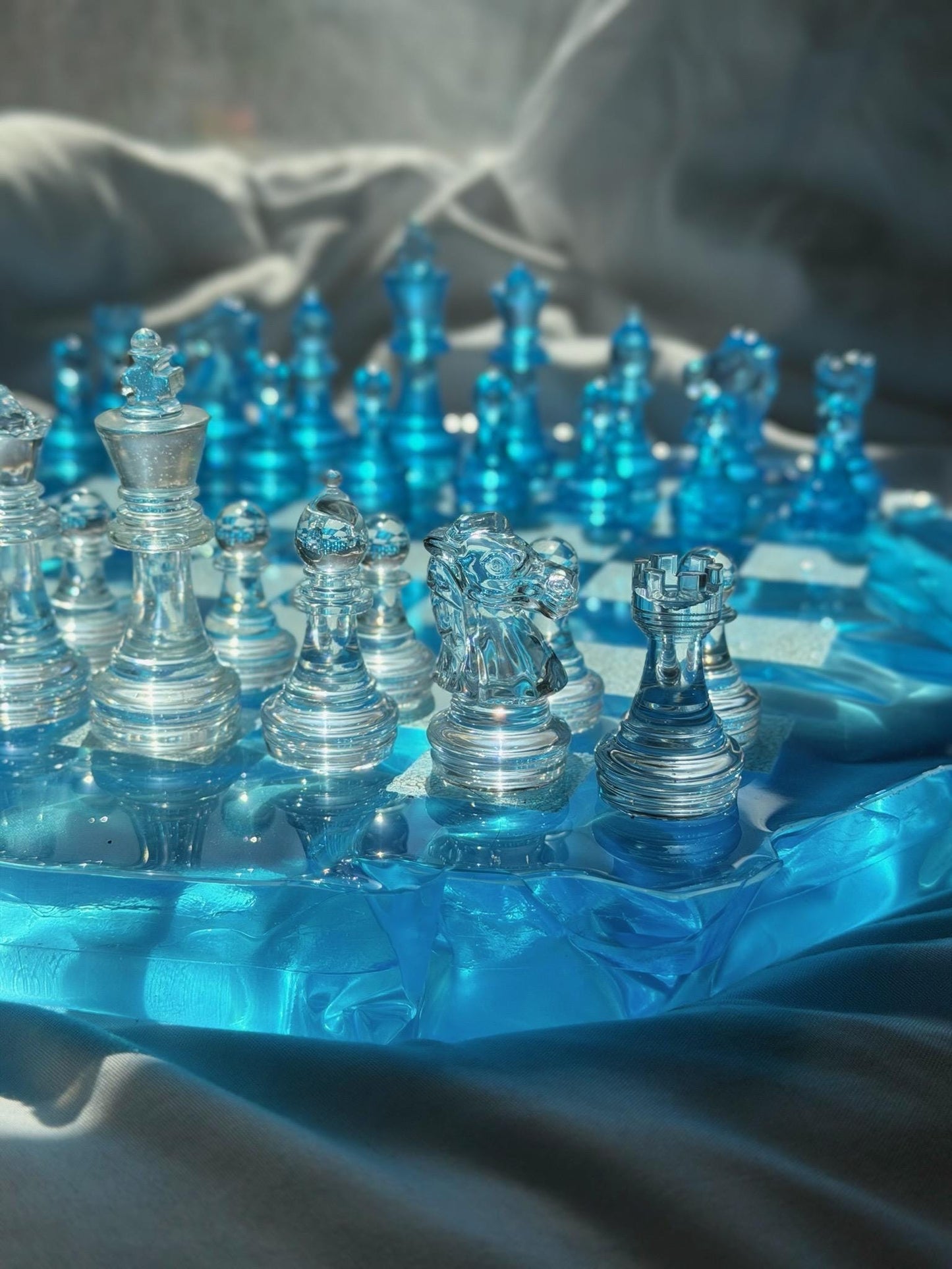 Custom Unique Resin Chess Set | 14" Round Wavy Board, Glass-Effect Pieces