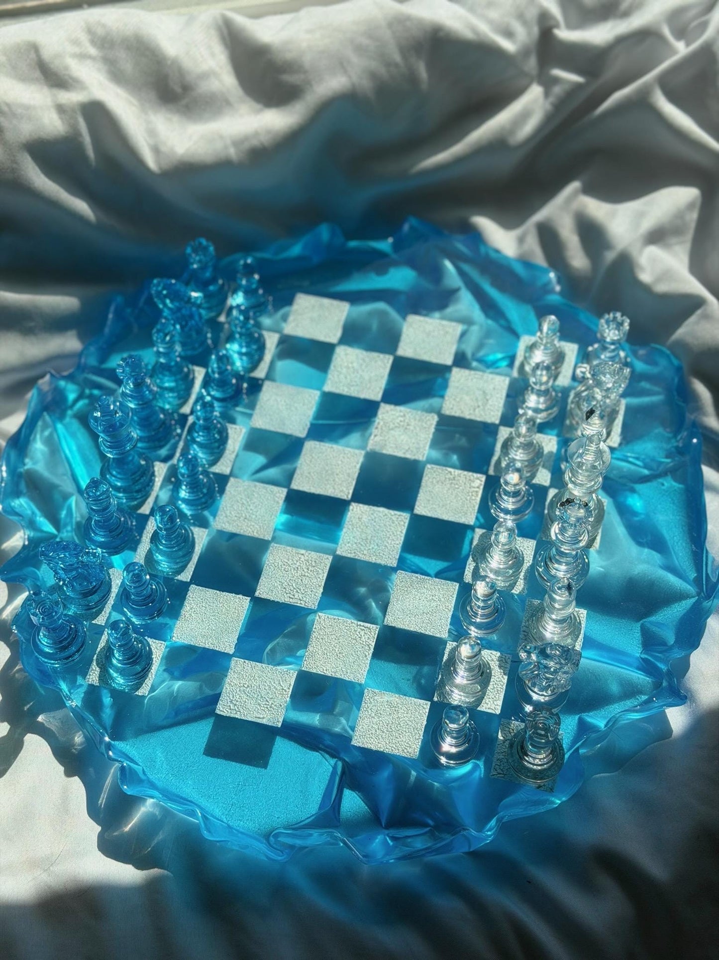 Custom Unique Resin Chess Set | 14" Round Wavy Board, Glass-Effect Pieces