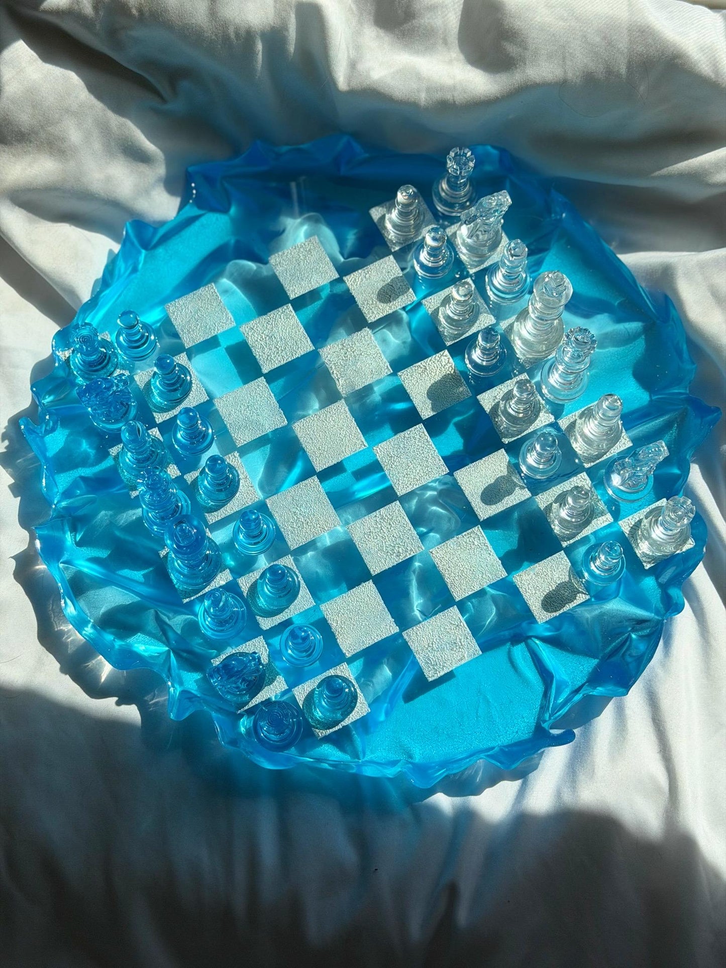 Custom Unique Resin Chess Set | 14" Round Wavy Board, Glass-Effect Pieces