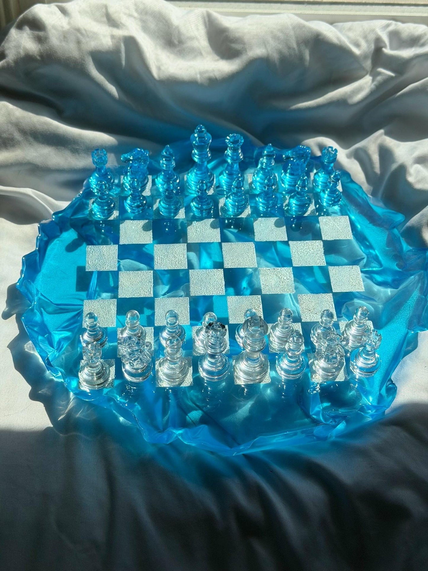 Custom Unique Resin Chess Set | 14" Round Wavy Board, Glass-Effect Pieces