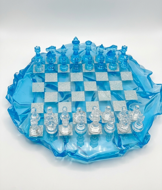 Custom Unique Resin Chess Set | 14" Round Wavy Board, Glass-Effect Pieces