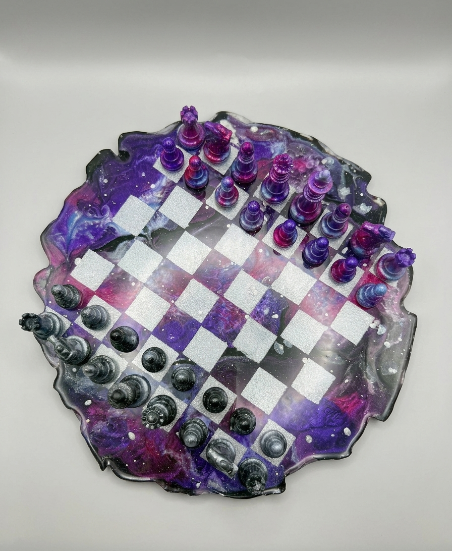 Custom Unique Galaxy/Nebula Theme Resin Chess Set | 14" Round Wavy Board, Glass-Effect Pieces