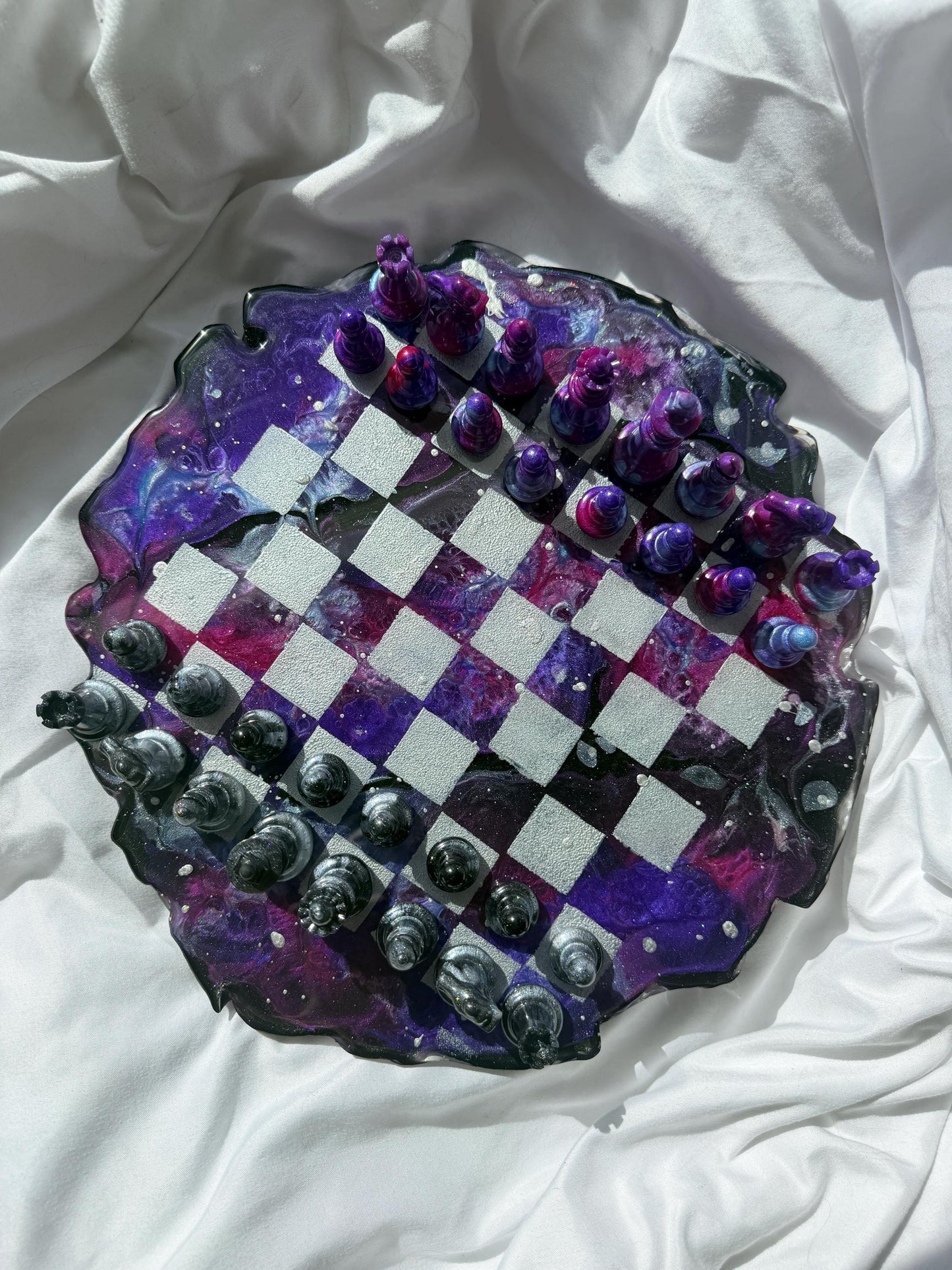 Custom Unique Galaxy/Nebula Theme Resin Chess Set | 14" Round Wavy Board, Glass-Effect Pieces
