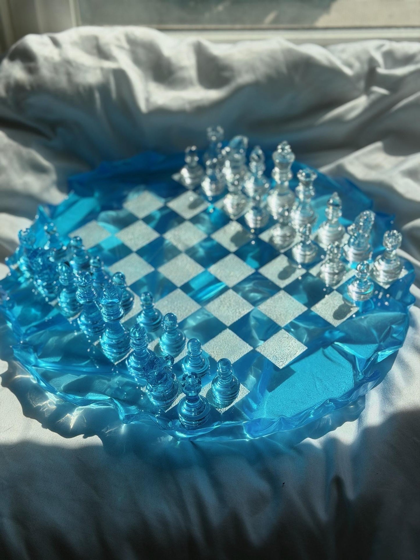 Custom Unique Resin Chess Set | 14" Round Wavy Board, Glass-Effect Pieces