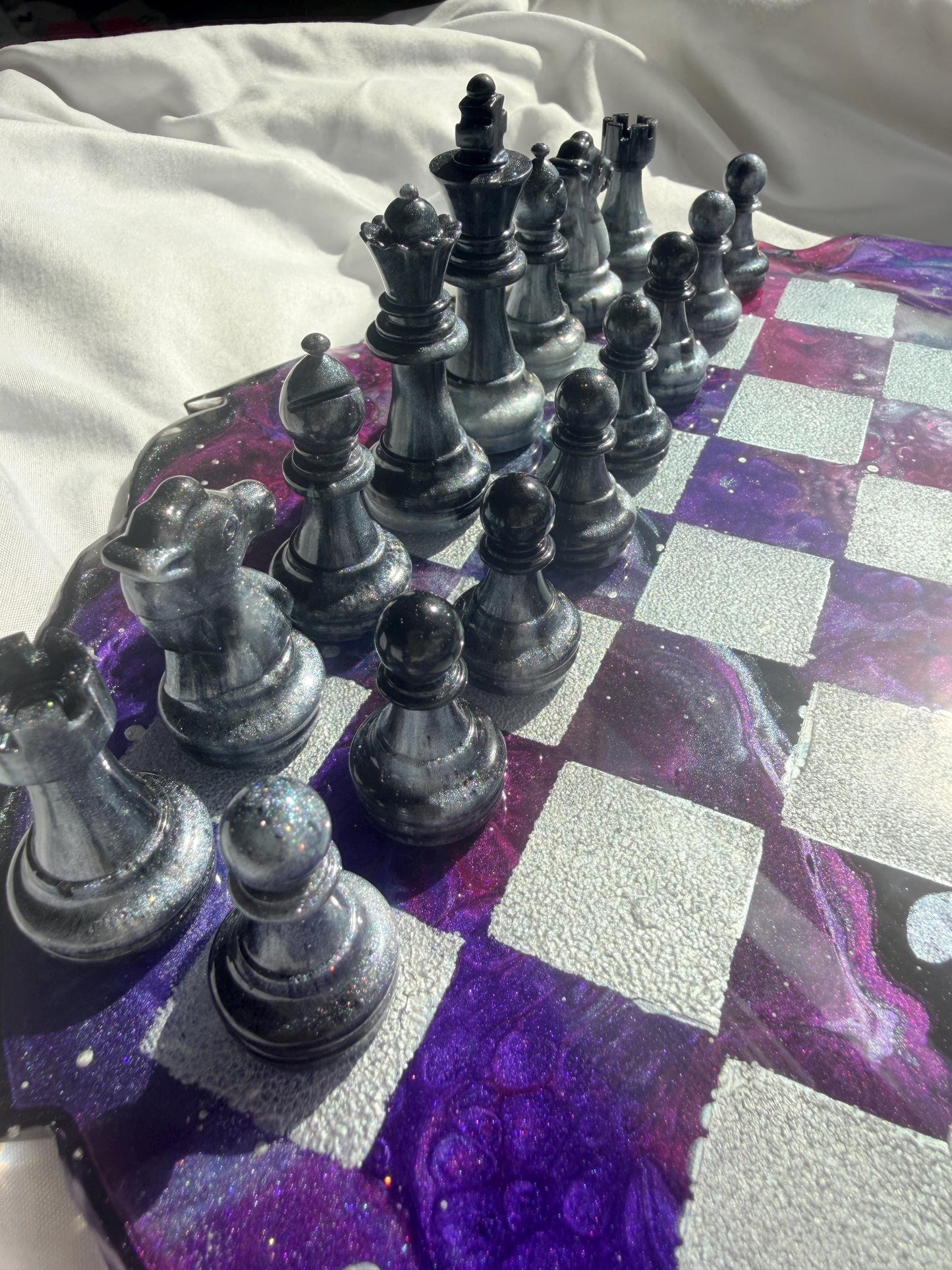 Custom Unique Galaxy/Nebula Theme Resin Chess Set | 14" Round Wavy Board, Glass-Effect Pieces
