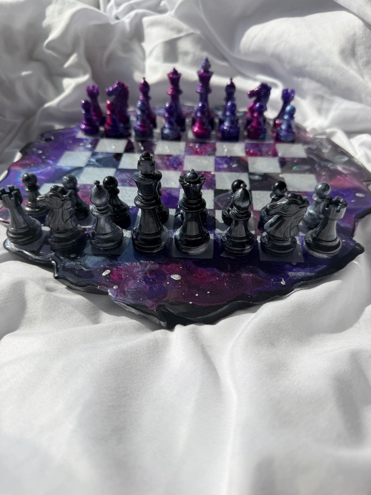 Custom Unique Galaxy/Nebula Theme Resin Chess Set | 14" Round Wavy Board, Glass-Effect Pieces