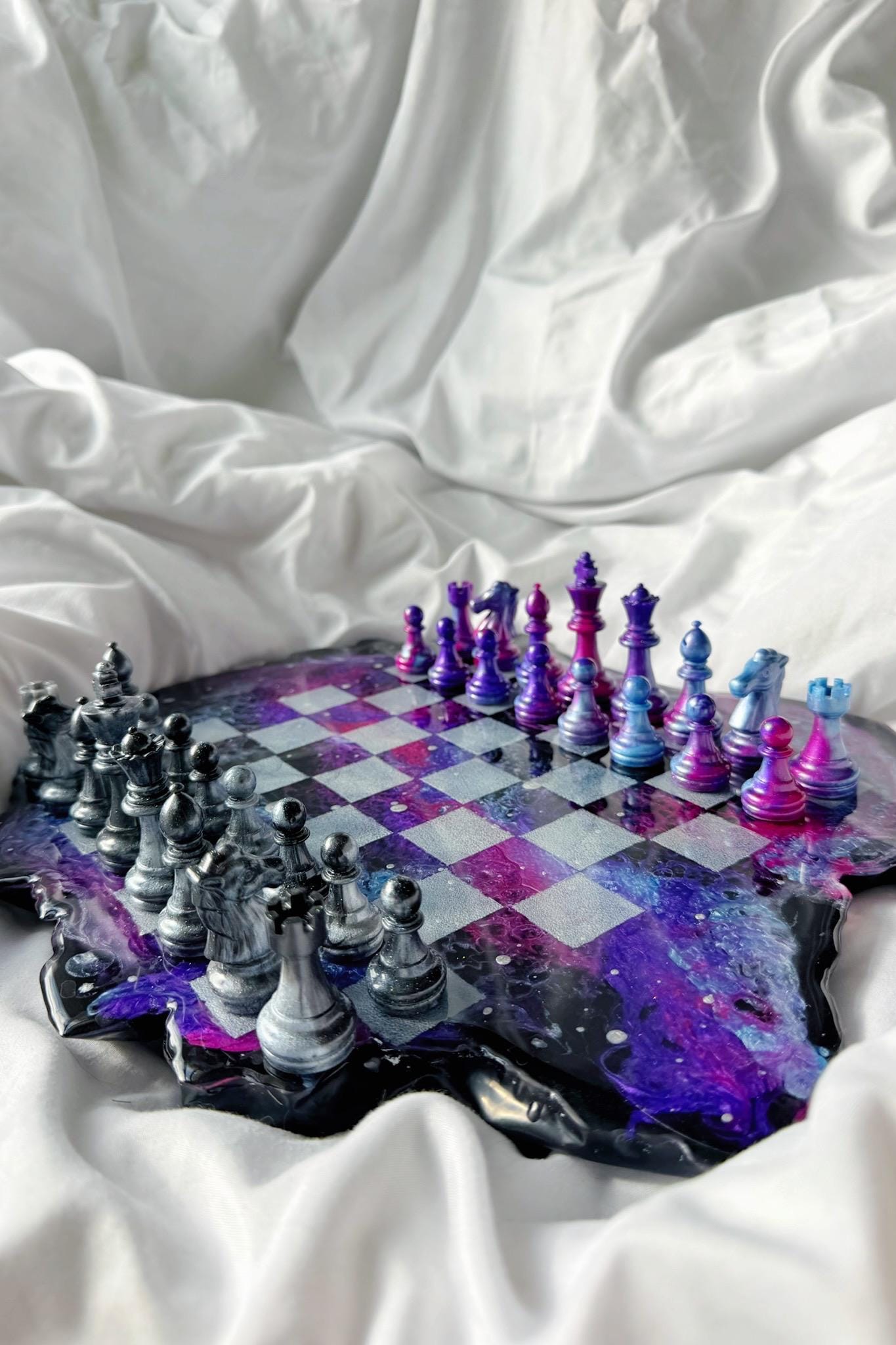 Custom Unique Resin Chess Set | 14" Round Wavy Board, Glass-Effect Pieces