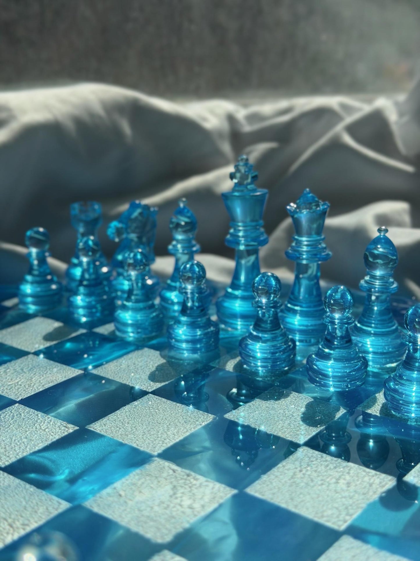 Custom Unique Resin Chess Set | 14" Round Wavy Board, Glass-Effect Pieces
