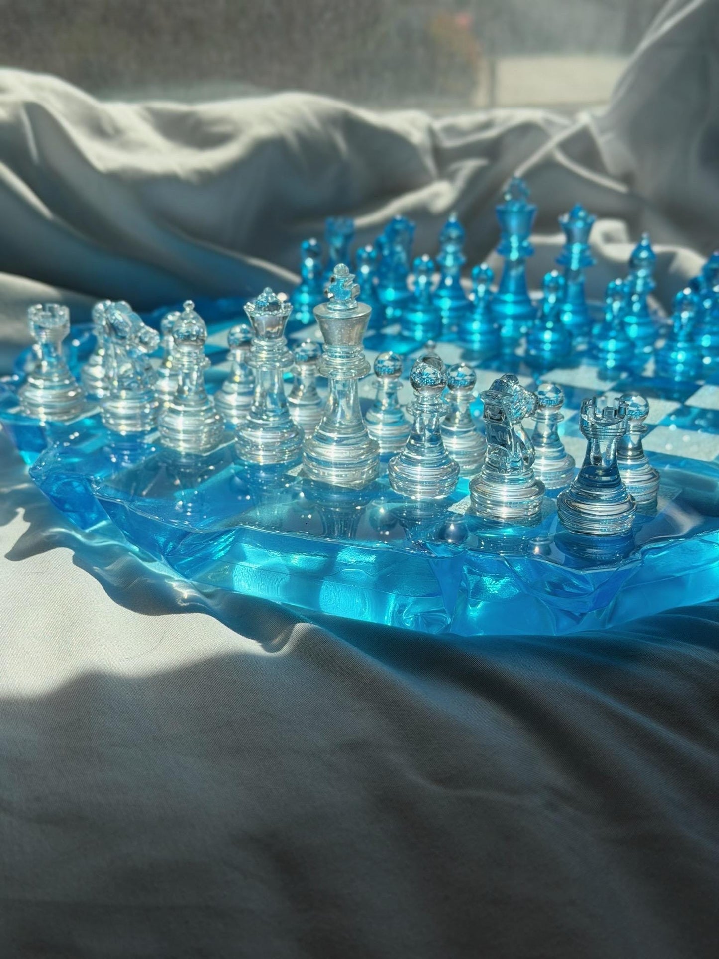 Custom Unique Resin Chess Set | 14" Round Wavy Board, Glass-Effect Pieces