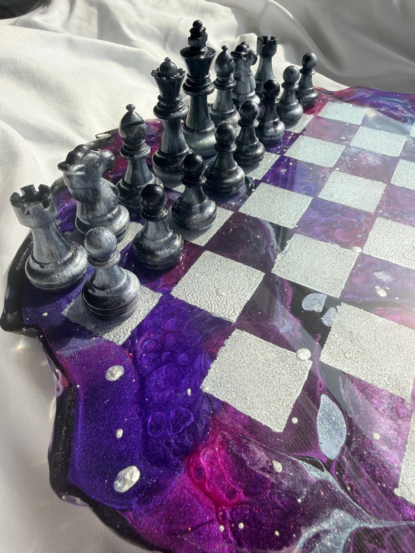 Custom Unique Galaxy/Nebula Theme Resin Chess Set | 14" Round Wavy Board, Glass-Effect Pieces