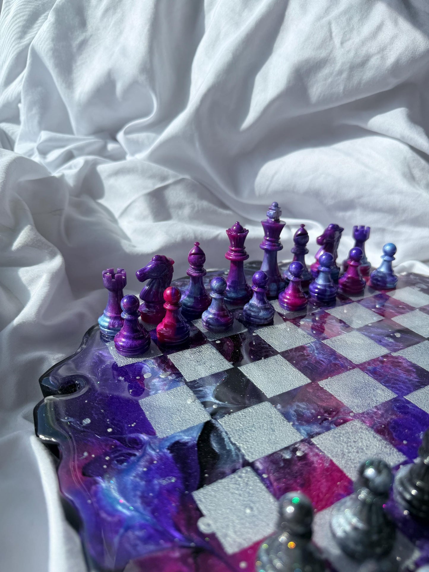 Custom Unique Galaxy/Nebula Theme Resin Chess Set | 14" Round Wavy Board, Glass-Effect Pieces
